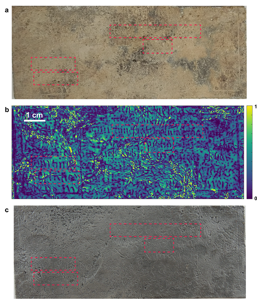 Comparison of the inscription on (a) the original cross before corrosion removal, (b) the final terahertz image after post-processing, and (c) the cross after corrosion removal.