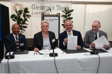 Signing Cooperation Agreement between University of Lorraine, Georgia Tech, and Georgia Tech-Lorraine. Raheem Beyah (Georgia Tech),&nbsp;Hélène&nbsp;Boulanger (University of Lorraine),&nbsp;Ángel&nbsp;Cabrera (Georgia Tech), Abdallah Ougazzaden (Georgia Tech-Lorraine)